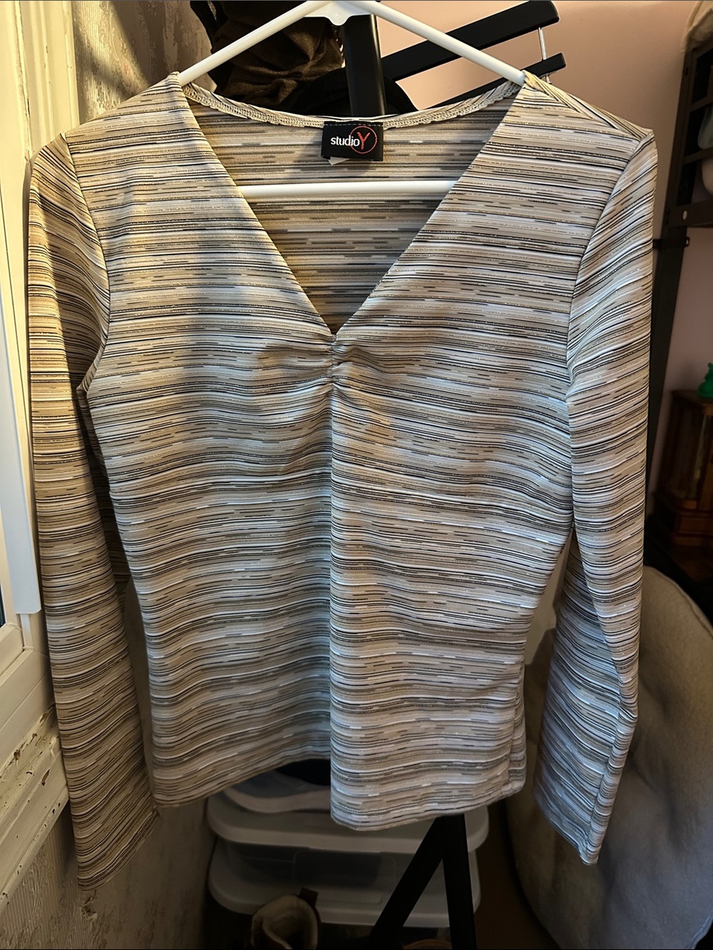 Studio Y Striped V-Neck Long Sleeve Top in Beige and Gray